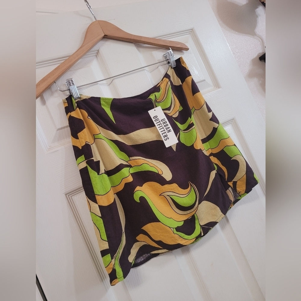 New Urban Outfitters Green Retro Phychedelic Linen Blend Mini Skirt Large 70s - Picture 4 of 7